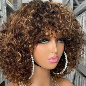 Fringe curly virgin hair wig piano colour